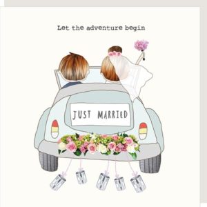 Adventure Wedding card. Couple driving away in a Just Married car. Caption: Let the adventure begin