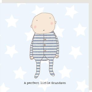 A card for new Grandparents featuring a cute baby in a blue sleepsuit and the words 'A perfect little grandson'.