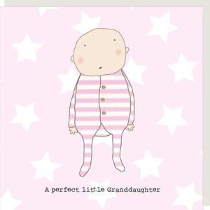 New baby Granddaughter card. Pink star background with a cute baby in a pink sleepsuit and the words 'A perfect little Granddaughter'.