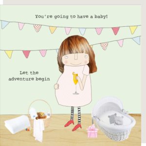 Baby Adventure. Pregnancy congratulations card. You're going to have a baby! Let the adventure begin. Pregnant lady at a baby shower.