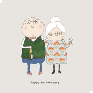 Anniversary card. Older couple with their arms around each other holding fizz.