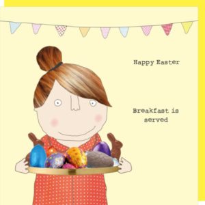 Easter greeting card lady holding a tray of chocolate eggs with the wording "Happy Easter, Breakfast is served."