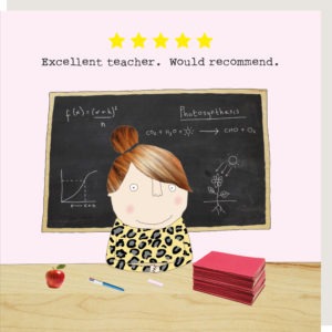 Thank you teacher card. Five Star Teacher Girl. Excellent teacher. Would recommend. Female teacher sitting at a desk with a blackboard behind her.