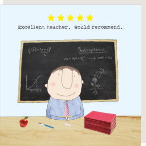 Thank you teacher card. Five Star Teacher Boy. Excellent teacher. Would recommend. Male teacher sat at a desk with a blackboard behind him.