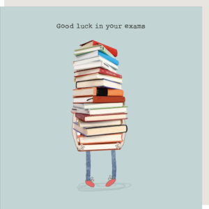 Good Luck In Your Exams. Person carrying a large pile of books.
