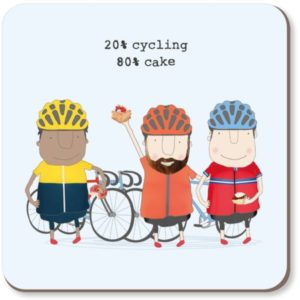 Cycling Cake Boy Coaster - three men with bicycles holding cake. Caption: 20% cycling 80% cake