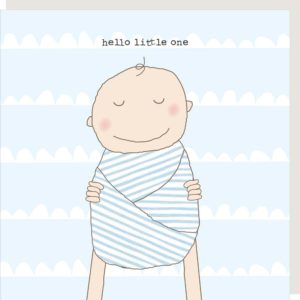 Blue new baby boy card featuring a swaddled baby and the caption 'Hello little one'