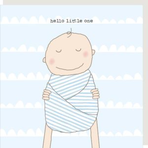 Blue new baby boy card featuring a swaddled baby and the caption 'Hello little one'
