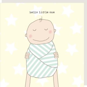 Unisex new baby card. Baby swaddled in green striped blanket on a yellow background.