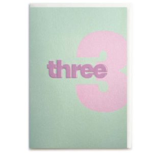 3rd birthday card in green and lilac. Three.
