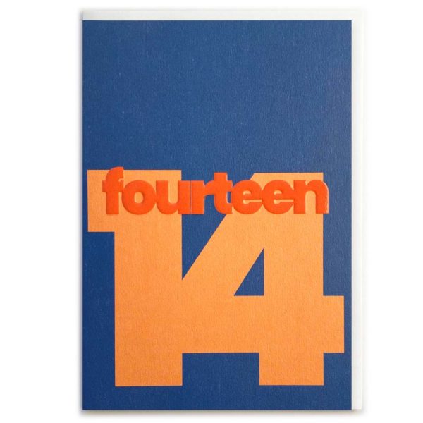 14th birthday card in blue and orange