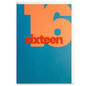 16th Birthday Card. Sixteen in blue and orange
