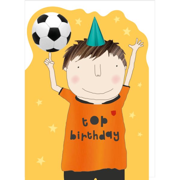 Top Football kids birthday card. A bowl spinning a football on his finger and wearing a t-shirt with the caption 'Top Birthday'.