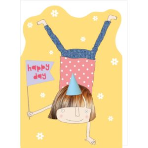 Happy Day kids birthday card. Cartwheeling girl holding a flag which reads 'Happy Day'.