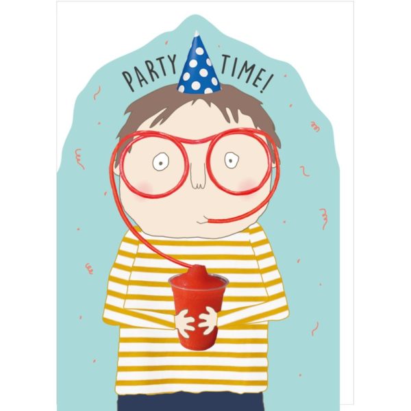 Party Straw kids birthday card. Boy wearing a party hat and drinking juice through straw glasses. Caption: 'Party Time!'