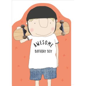 Awesome kids birthday card. Boy wearing a helmet and holding a skateboard. His t-shirt reads 'Awesome Birthday Boy.'