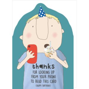 Phone Boy kids birthday card. Boy wearing a party hat, eating a cupcake and looking at his phone. Caption: 'Thanks for looking up from your phone to read this card. (Happy Birthday).'