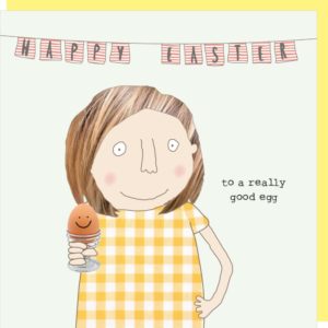 Good Egg Easter Card. Lady holding a boiled egg with a smiley face drawn on it. Caption: 'Happy Easter to a really good egg.'
