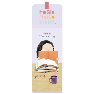 Reading Bookmark. Lady reading from a pile of books. Caption: 'Sshhh I'm reading.'