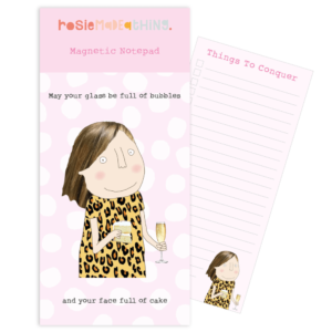 Bubbles & Cake Magnetic Notepad. Caption: 'May your glass be full of bubbles and your face full of cake.'