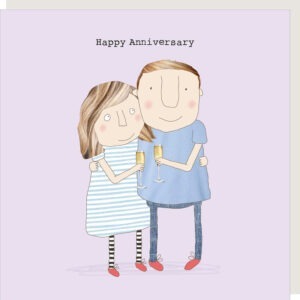 Anniversary card, image shows a young couple with a glass of fizz each. Text reads Happy Anniversary.