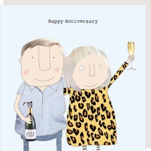 anniversary card for friends, image shows an older couple celebrating with a bottle of fizz.