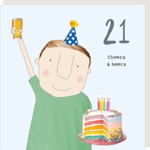 male 21st birthday card, image shows a man holding a cake and a beer