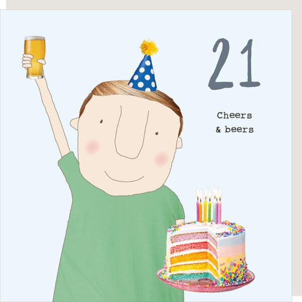 male 21st birthday card, image shows a man holding a cake and a beer