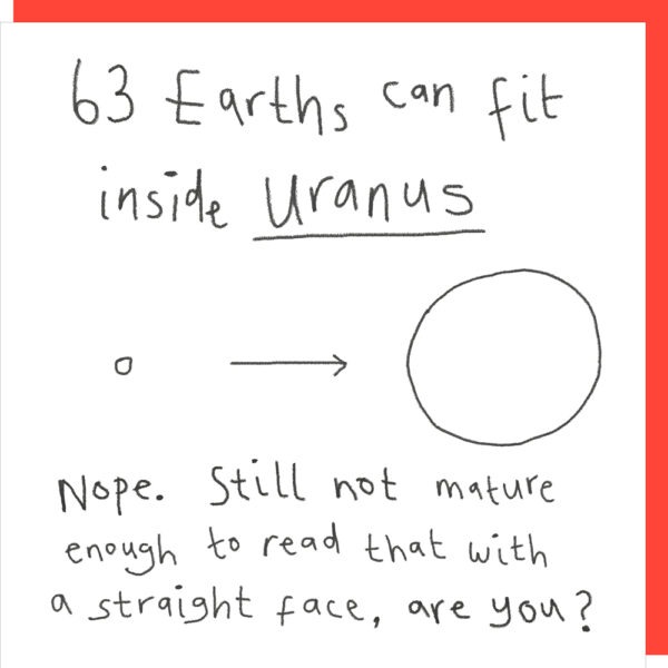 Black and white card with text: 63 Earths can fit inside Uranus. Nope. Still not mature enough to read that with a straight face, are you?