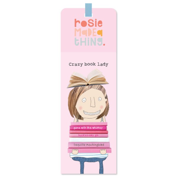 book mark for a friend, picture shows a woman with a stack of book and a book balancing on her head. Text reads crazy book lady.