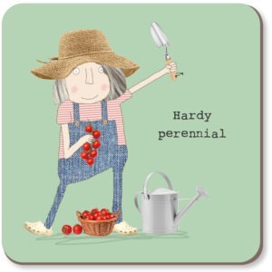 drinks coaster, image shows a woman gardening, text reads Hardy perennial.