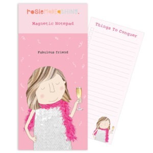 Magnetic notepad- gift for a friend. Image shows a woman with a glass of fizz, text reads 'fabulous friend'.