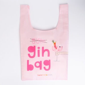 pink shopping bags. text reads gym (which is crossed out) replaced with gin bag