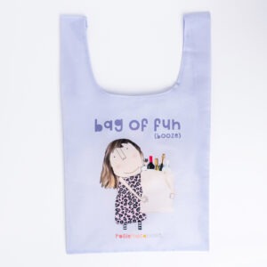 shopping bag, image shows a lady holding a bag, text reads bag of fun (booze)