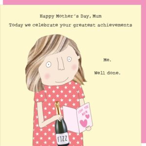mum card, image of a mum holding a card and a bottle of fizz.