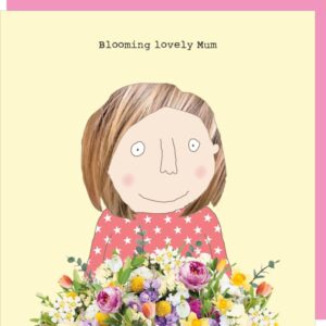 mother's day card, image of a lady holding flowers, text reads 'blooming lovely Mum'.