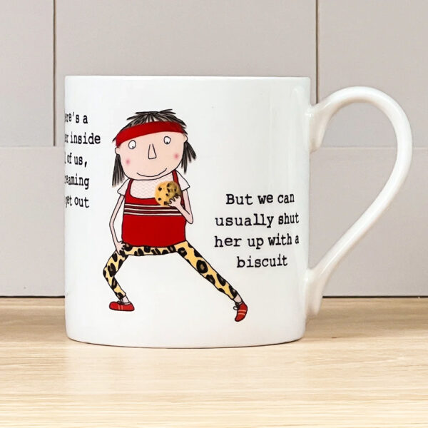 white mug with an image of a woman jogger dressed in leopard print, caption reads 'there's a runner inside all of us, screaming to get it out. But we can usually shut her up with a biscuit