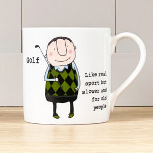 white mug with an image of a golfer, text reads 'Golf. Like real sport but slower and for old people'.