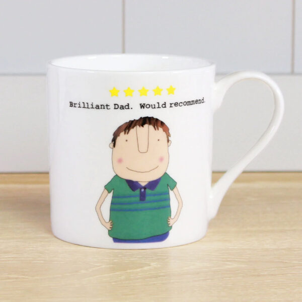 mug for dad, with an image of a 'dad' with 5 stars above his head and the caption 'Brilliant Dad. Would recommend'.