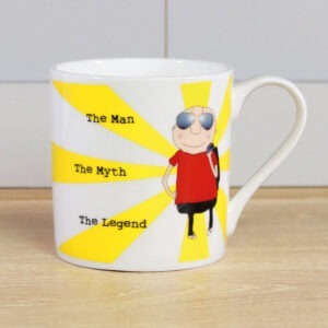 coffee mug with an image of ma in sunglasses and a leather jacket slung over his shoulder, caption reads 'the man, the myth, the legend'.