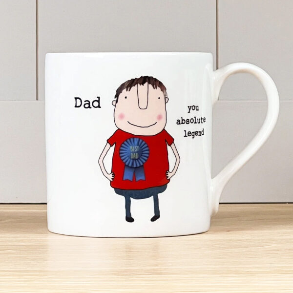 white mug with an image of a man wearing a rosette on his t shirt, text reads Dad you absolute legend.