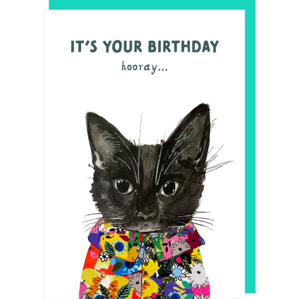 White card with a black cat illustration, caption reads 'It's your birthday hooray...'