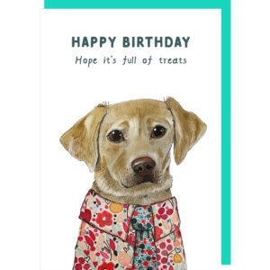 White birthday card with an illustration of a blonde labrador wearing a floral shirt and tie, caption reads 'happy birthday. Hope it's full of treats'.