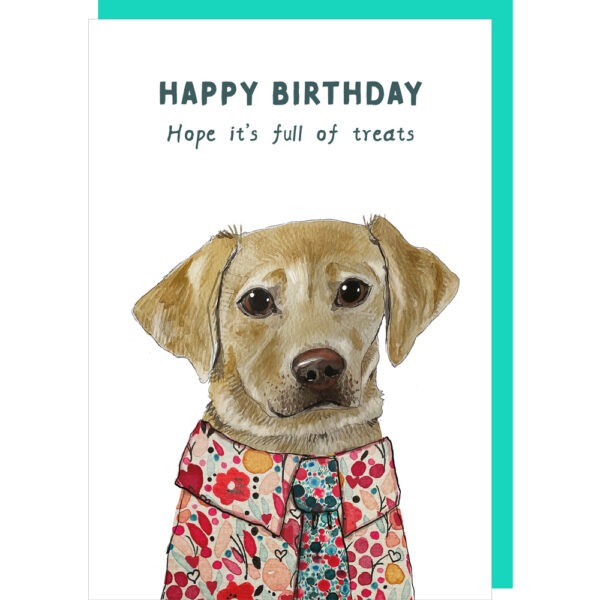 White birthday card with an illustration of a blonde labrador wearing a floral shirt and tie, caption reads 'happy birthday. Hope it's full of treats'.
