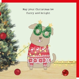 Christmas card for dog lovers, with a funny image of a cute dog dressed up in a christmas jumper and novelty christmas tree glasses.