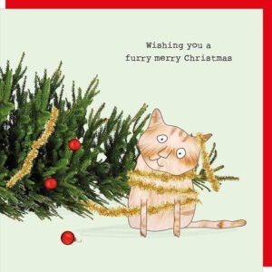 christmas card for cat lovers, with an image of a naughty cat next to a christmas tree that's fallen over.