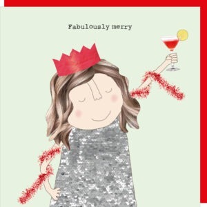A fun Christmas card with an image of a woman celebrating the festive time.